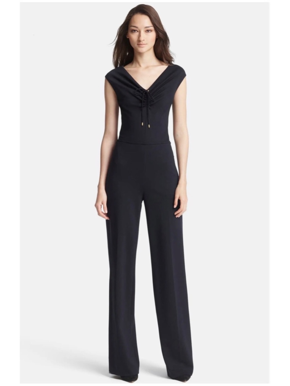 Escada Women’s Sz 10 Navy Wide Leg Jumpsuit Dondi Cap Sleeve V-Neck Stretch